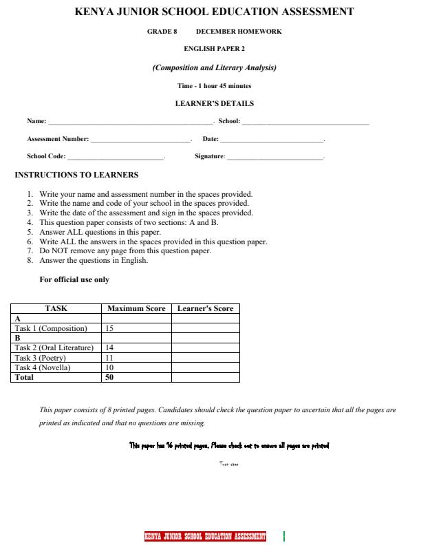 Page 1 – Grade 7 English Paper 2 December 2026 Holiday Assignment – Kenyaplex
