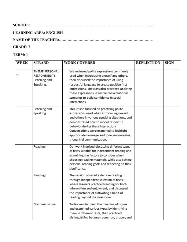 Page 1 – Grade 7 English Records of Work Term 1 - Skills in English – Kenyaplex