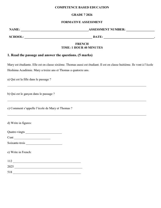 Page 1 – Grade 7 French April 2026 Holiday Assignment – Kenyaplex