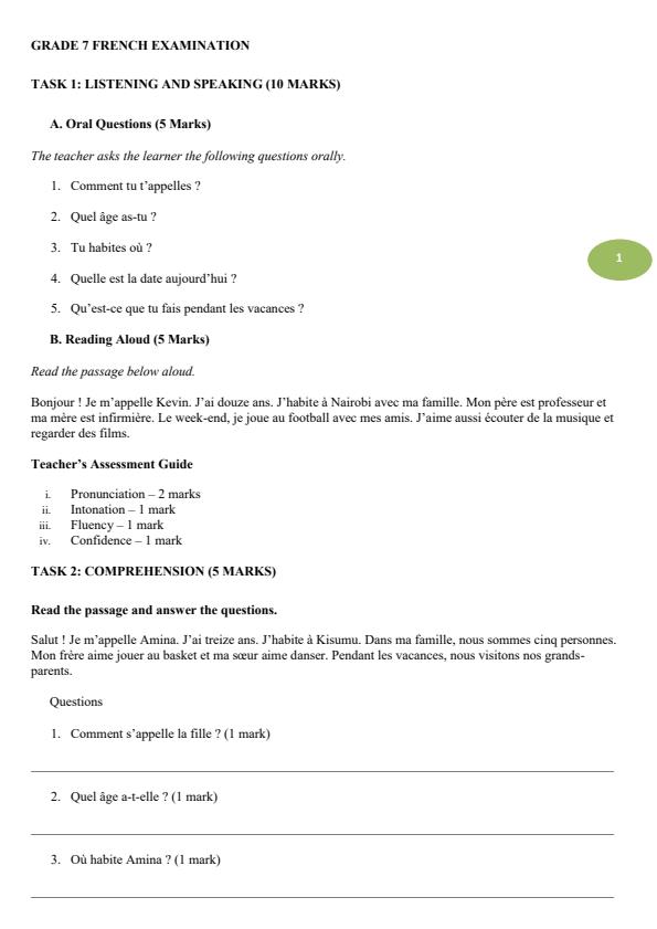 Page 1 – Grade 7 French August 2026 Holiday Assignment – Kenyaplex
