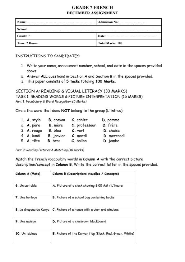Page 1 – Grade 7 French December 2026 Holiday Assignment – Kenyaplex