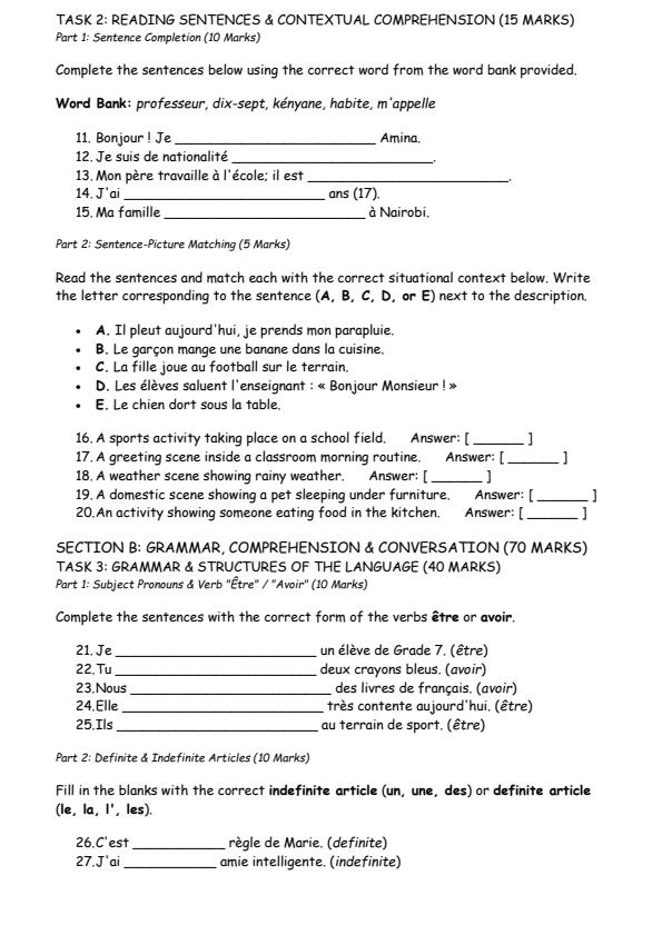 Page 2 – Grade 7 French December 2026 Holiday Assignment – Kenyaplex