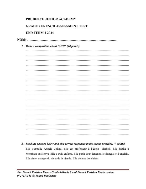 Page 1 – Grade 7 French End Term 2 2024 Assessment Test/August Holiday Assignment – Kenyaplex