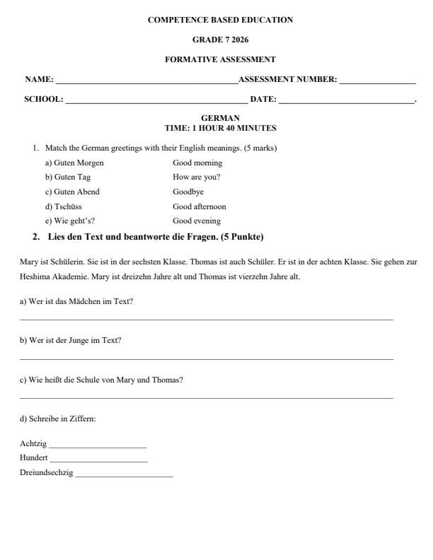 Page 1 – Grade 7 German April 2026 Holiday Assignment – Kenyaplex