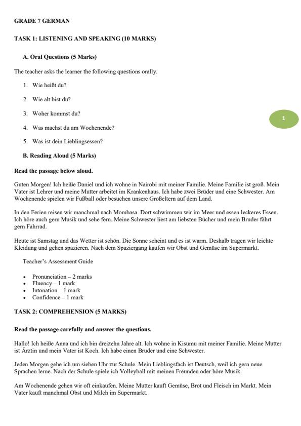 Page 1 – Grade 7 German August 2026 Holiday Assignment  – Kenyaplex