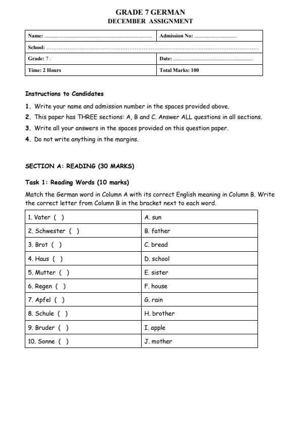 Page 1 – Grade 7 German December 2026 Holiday Assignment – Kenyaplex