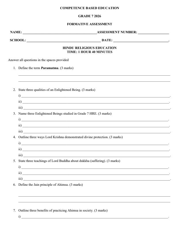 Page 1 – Grade 7 Hindu Religious Education April 2026 Holiday Assignment – Kenyaplex