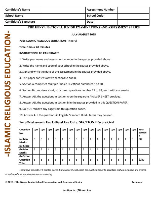 Page 1 – Grade 7 IRE August 2025 Holiday Assignment – Kenyaplex