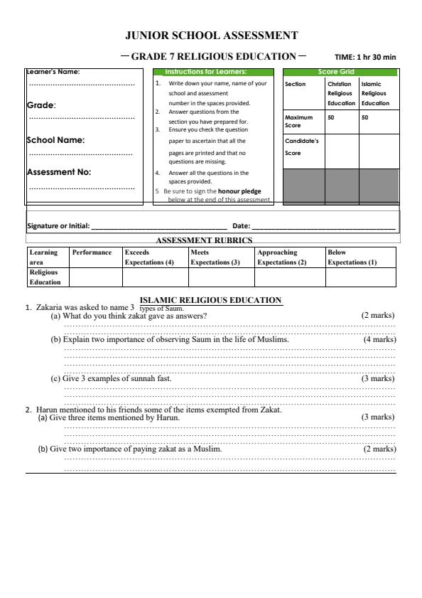 Page 1 – Grade 7 IRE December 2024 Holiday Assignment – Kenyaplex