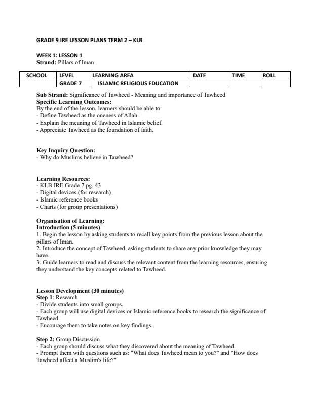 Page 1 – Grade 7 IRE Lesson Plans Term 2 - KLB – Kenyaplex