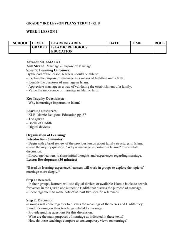 Page 1 – Grade 7 IRE Lesson Plans Term 3 - KLB – Kenyaplex