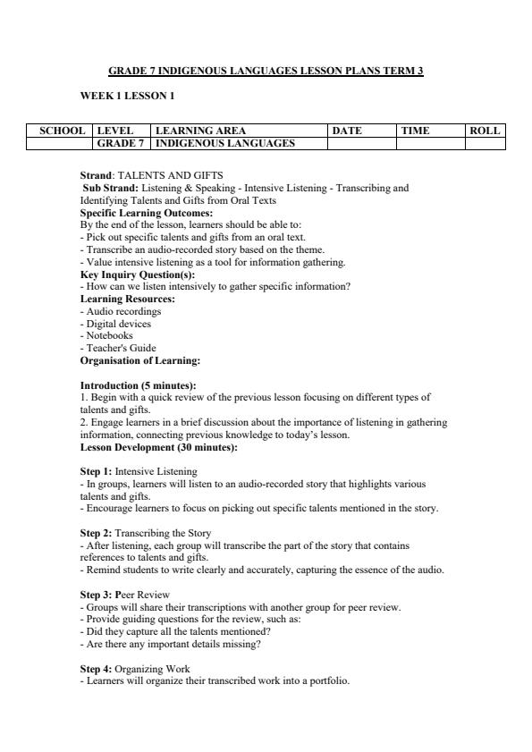 Page 1 – Grade 7 Indigenous Languages Lesson Plans Term 3 – Kenyaplex