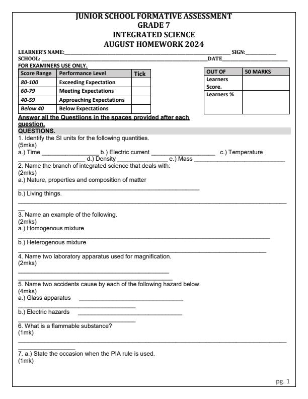 Page 1 – Grade 7 Integrated Science August 2024 Holiday Assignment – Kenyaplex