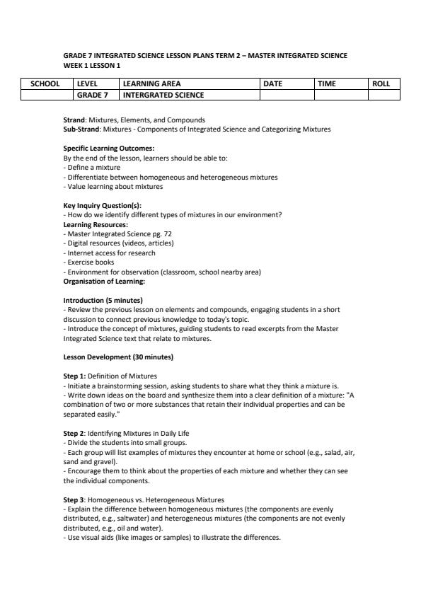 Page 1 – Grade 7 Integrated Science Lesson Plans Term 2 - Master Integrated Science – Kenyaplex