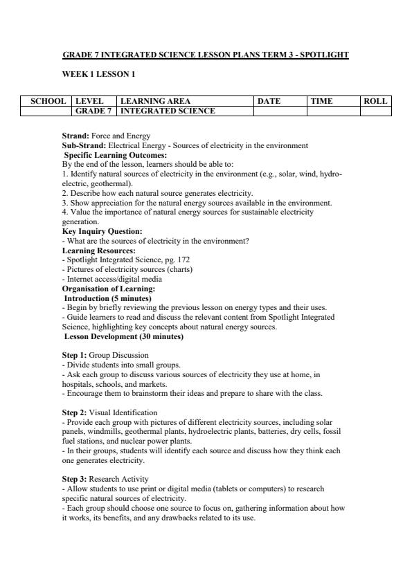 Page 1 – Grade 7 Integrated Science Lesson Plans Term 3 - Spotlight – Kenyaplex