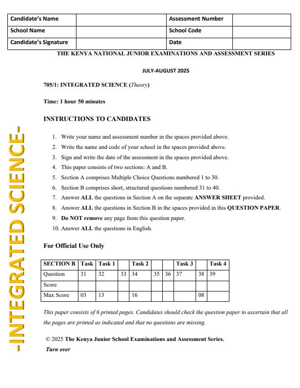 Page 1 – Grade 7 Integrated Science Paper 1 August 2025 Holiday Assignment – Kenyaplex