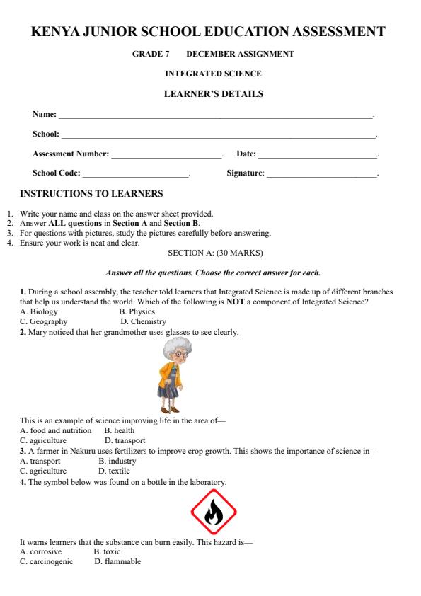 Page 1 – Grade 7 Integrated Science Paper 1 December 2026 Holiday Assignment – Kenyaplex