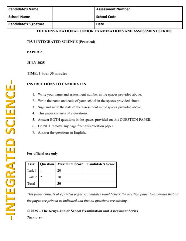 Page 1 – Grade 7 Integrated Science Paper 2 August 2025 Holiday Assignment – Kenyaplex