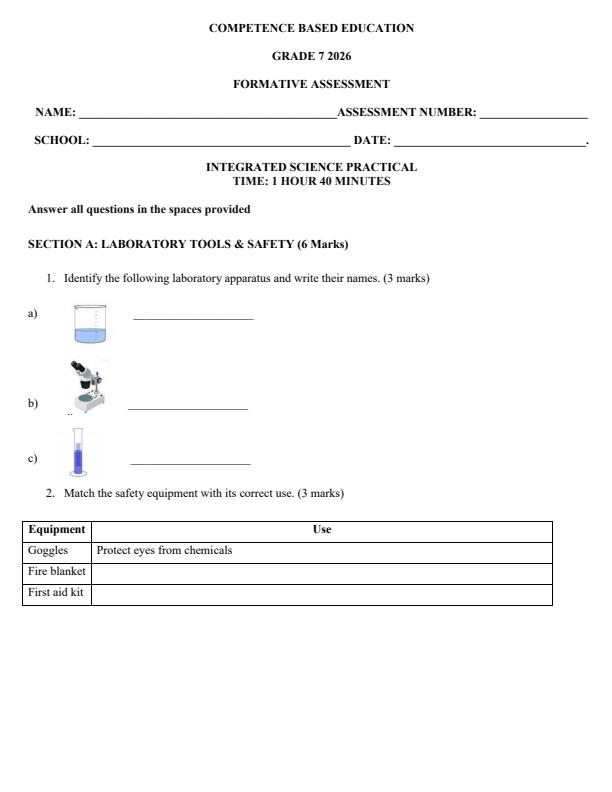 Page 1 – Grade 7 Integrated Science Practical April 2026 Holiday Assignment – Kenyaplex