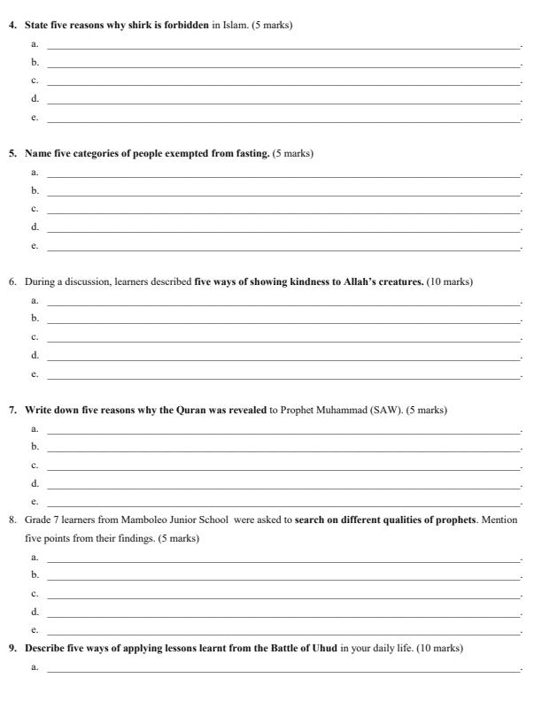 Page 2 – Grade 7 Islamic Religious Education April 2026 Holiday Assignment – Kenyaplex