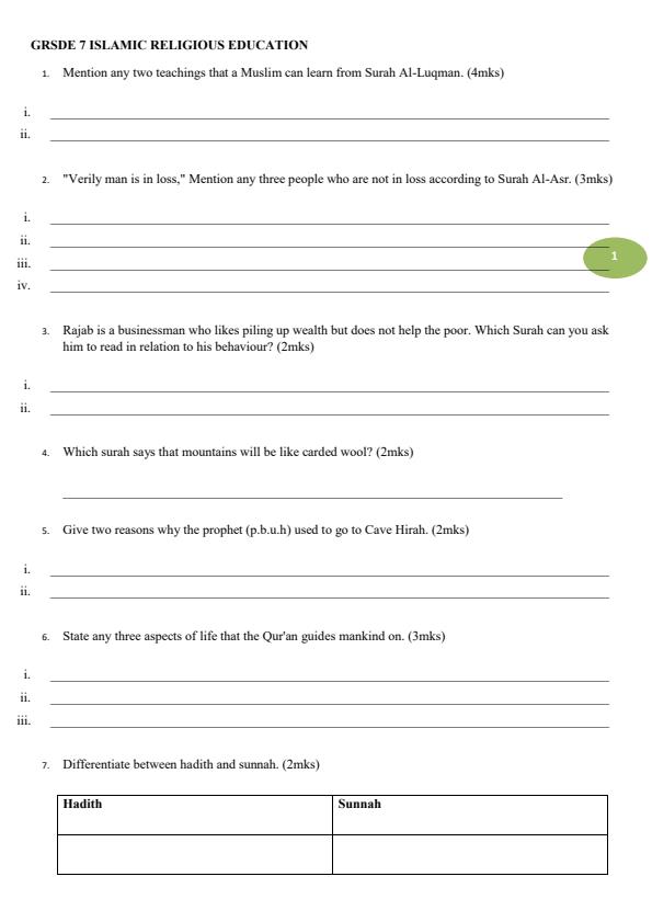 Page 1 – Grade 7 Islamic Religious Education August 2026 Holiday Assignment – Kenyaplex