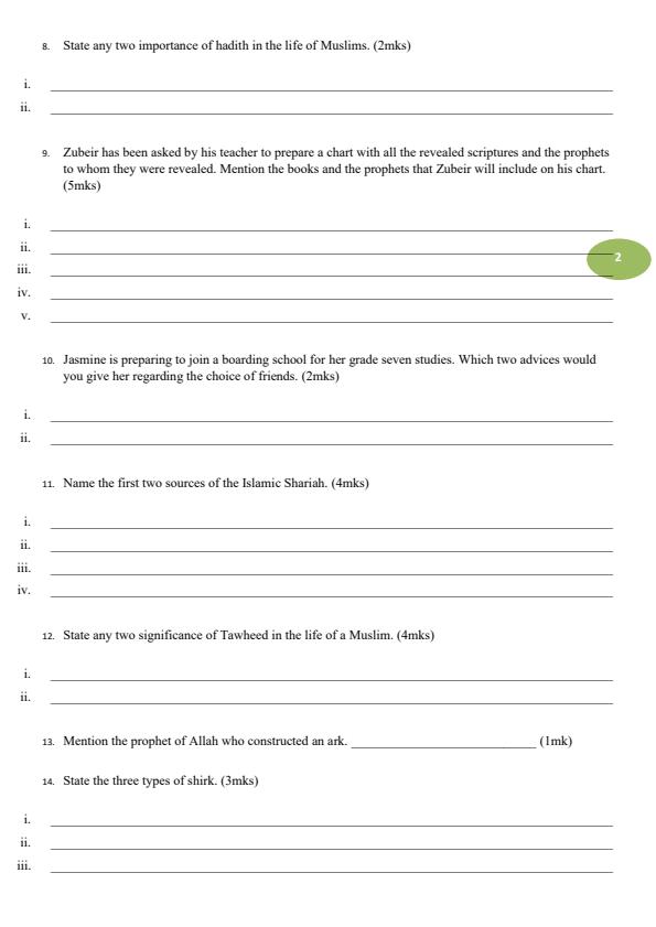 Page 2 – Grade 7 Islamic Religious Education August 2026 Holiday Assignment – Kenyaplex