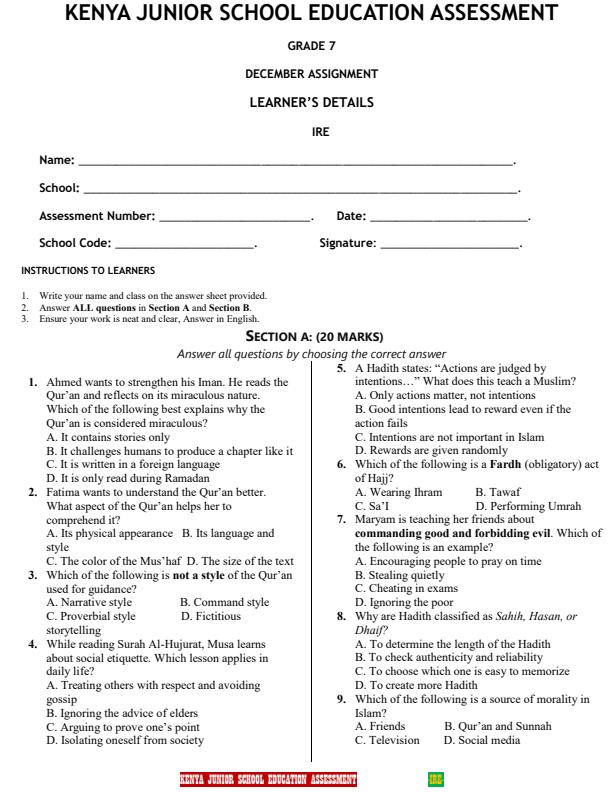 Page 1 – Grade 7 Islamic Religious Education December 2026 Holiday Assignment – Kenyaplex