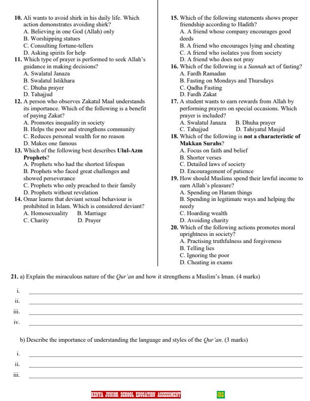 Page 2 – Grade 7 Islamic Religious Education December 2026 Holiday Assignment – Kenyaplex