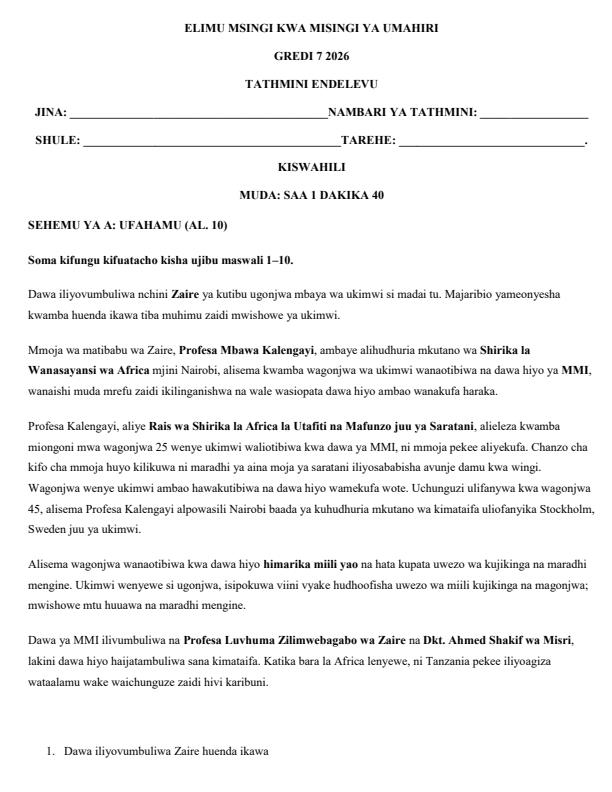 Page 1 – Grade 7 Kiswahili April 2026 Holiday Assignment – Kenyaplex