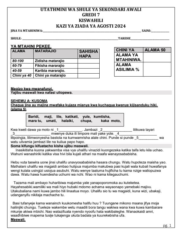 Page 1 – Grade 7 Kiswahili August 2024 Holiday Assignment – Kenyaplex
