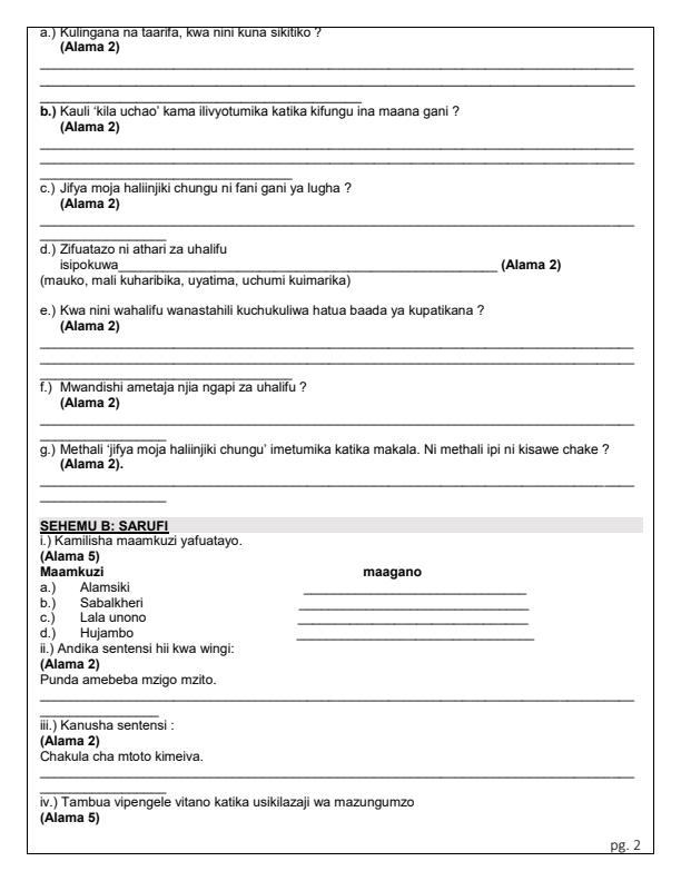 Page 2 – Grade 7 Kiswahili August 2024 Holiday Assignment – Kenyaplex