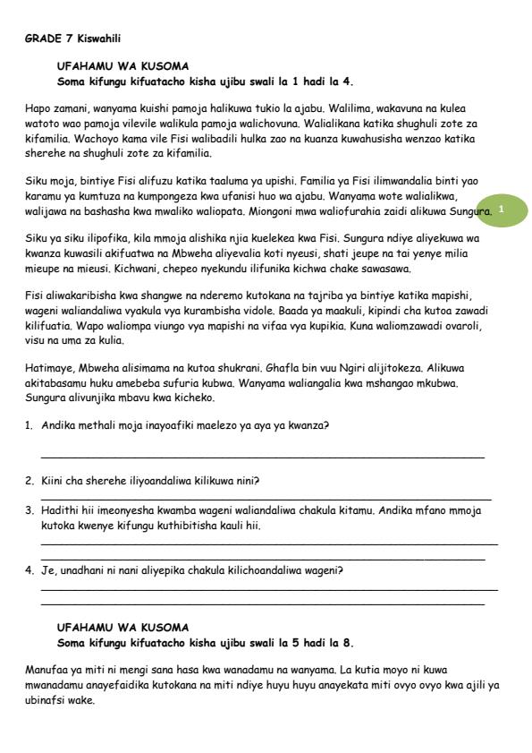 Page 1 – Grade 7 Kiswahili August 2026 Holiday Assignment  – Kenyaplex