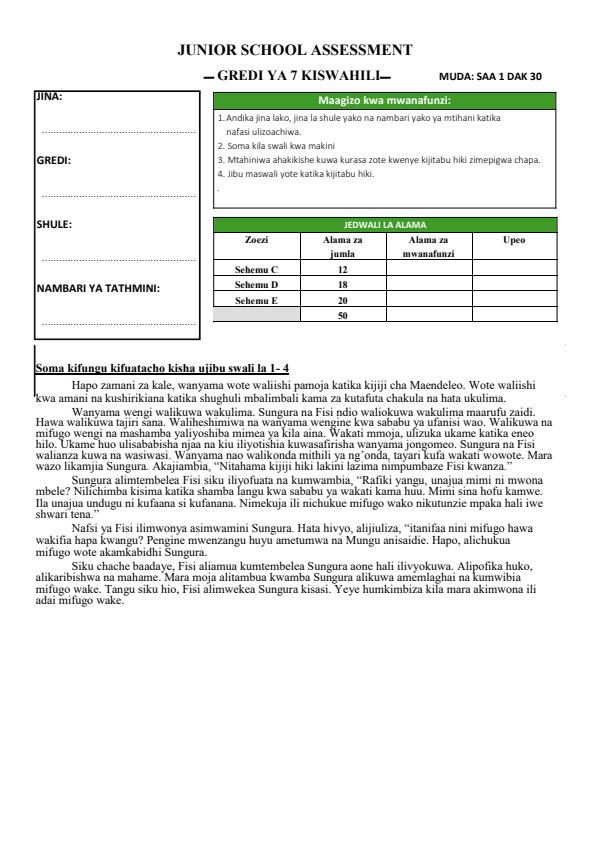 Page 1 – Grade 7 Kiswahili December 2024 Holiday Assignment – Kenyaplex