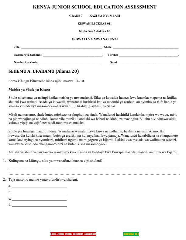 Page 1 – Grade 7 Kiswahili December 2026 Holiday Assignment – Kenyaplex