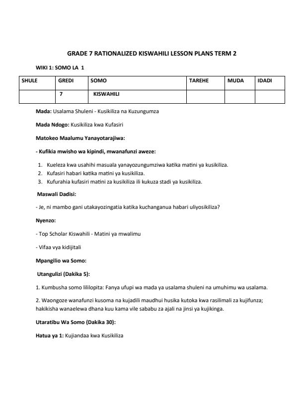 Page 1 – Grade 7 Kiswahili Lesson Plans Term 2 - KLB Top Scholar – Kenyaplex