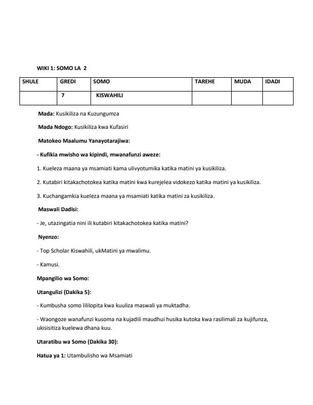 Page 4 – Grade 7 Kiswahili Lesson Plans Term 2 - KLB Top Scholar – Kenyaplex