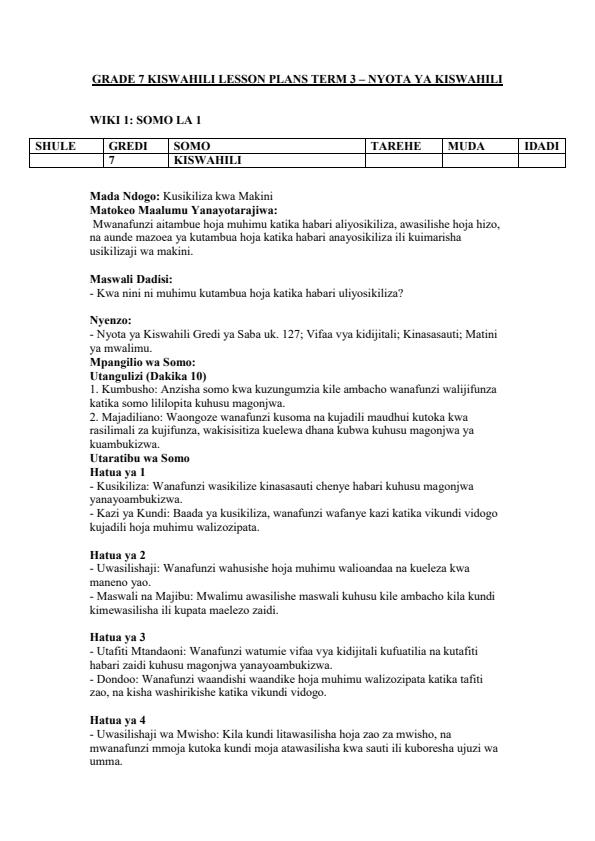 Page 1 – Grade 7 Kiswahili Lesson Plans Term 3 - Nyota Ya Kiswahili – Kenyaplex