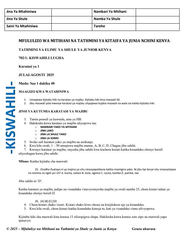 Page 1 – Grade 7 Kiswahili Paper 1 August 2025 Holiday Assignment – Kenyaplex