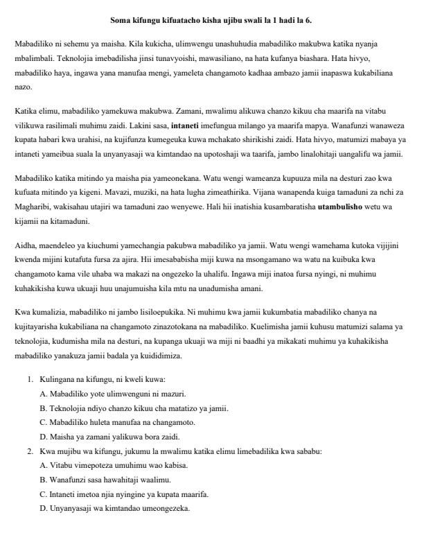 Page 2 – Grade 7 Kiswahili Paper 1 August 2025 Holiday Assignment – Kenyaplex