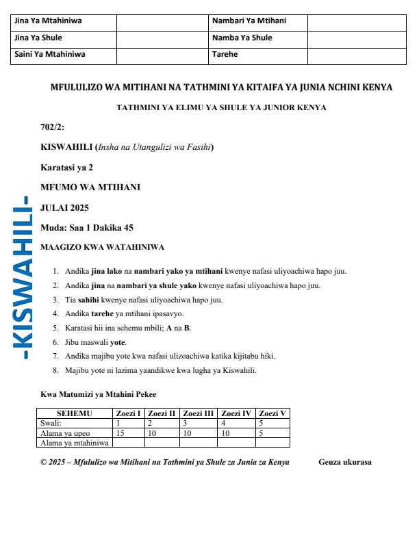 Page 1 – Grade 7 Kiswahili Paper 2 August 2025 Holiday Assignment – Kenyaplex