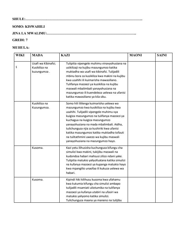 Page 1 – Grade 7 Kiswahili Records of Work Term 1 – Kenyaplex