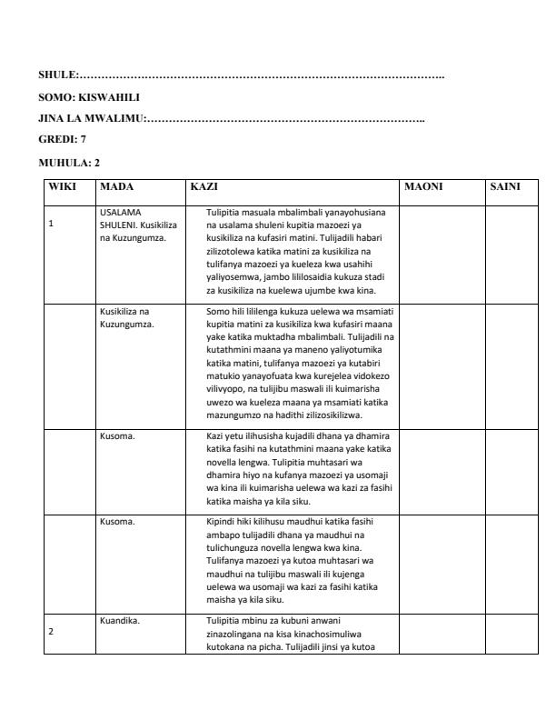 Page 1 – Grade 7 Kiswahili Records of Work Term 2 - KLB Top Scholar – Kenyaplex