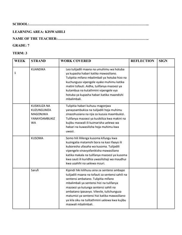 Page 1 – Grade 7 Kiswahili Records of Work Term 3 - KLB Top Scholar – Kenyaplex
