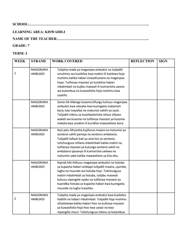 Page 1 – Grade 7 Kiswahili Records of Work Term 3 – Kenyaplex