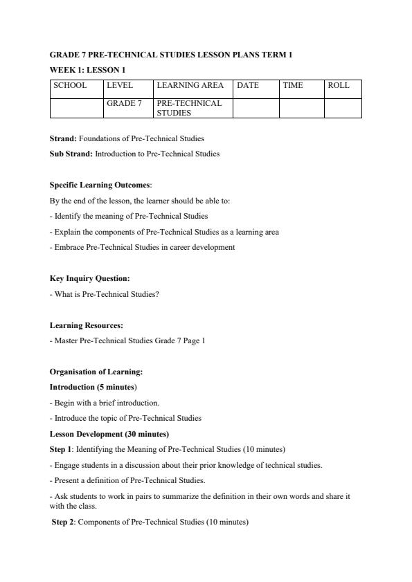 Page 1 – Grade 7 Master Pre-Technical Studies Lesson Plans Term 1 – Kenyaplex