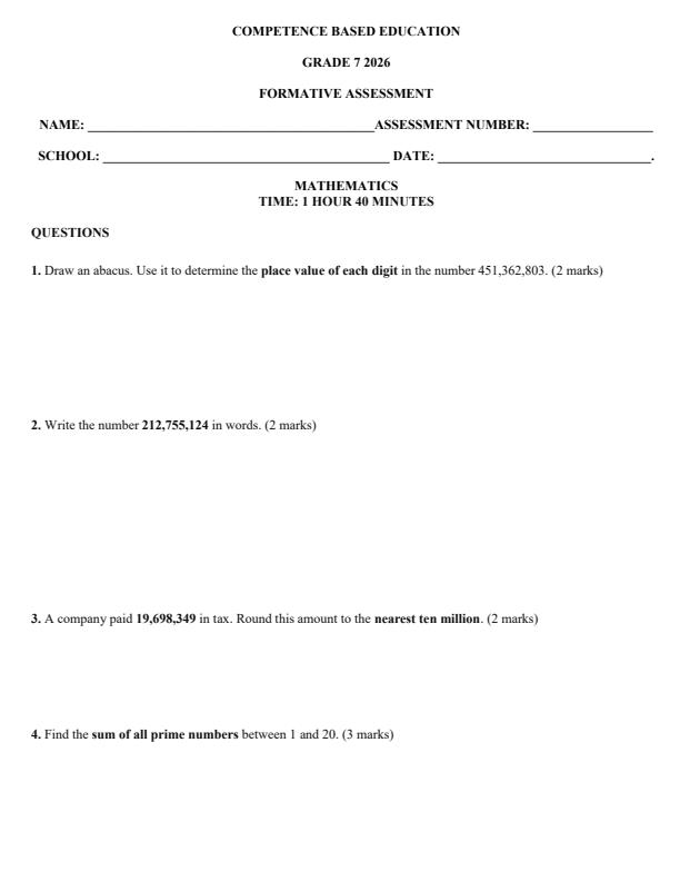 Page 1 – Grade 7 Mathematics April 2026 Holiday Assignment – Kenyaplex
