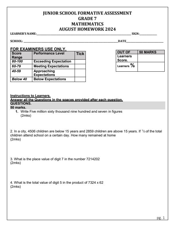 Page 1 – Grade 7 Mathematics August 2024 Holiday Assignment – Kenyaplex