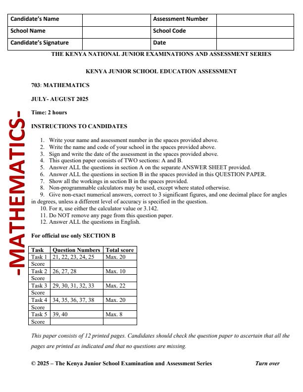Page 1 – Grade 7 Mathematics August 2025 Holiday Assignment – Kenyaplex