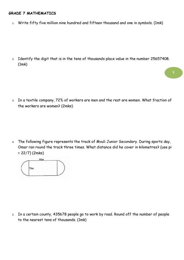 Page 1 – Grade 7 Mathematics August 2026 Holiday Assignment – Kenyaplex