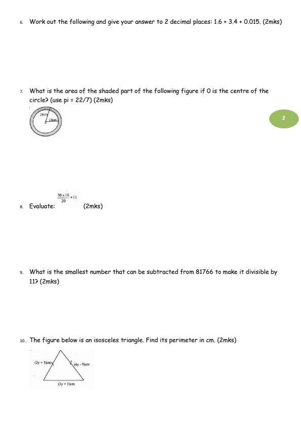 Page 2 – Grade 7 Mathematics August 2026 Holiday Assignment – Kenyaplex